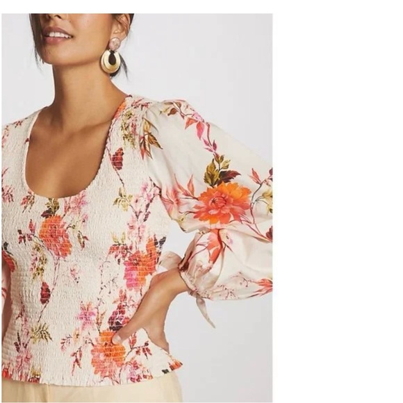 By Anthropologie Top Smocked Peplum Floral Cream Pink - M - Picture 3 of 13
